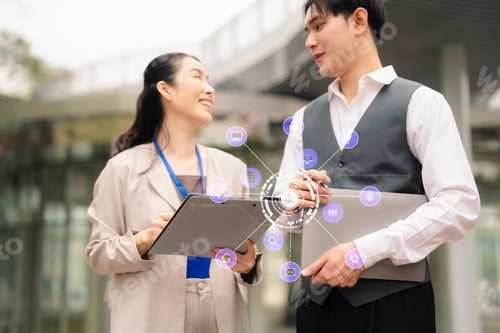 Preview: Copyright or patent concept, Person hand using laptop computer, tablet and smartphone with virtual s