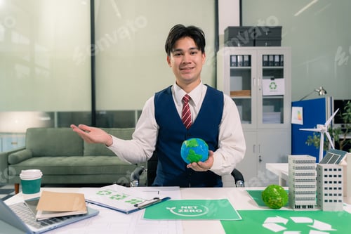 Preview: Businessman using computer on CO2 emission reduction concept. along with climate, energy, sustainabi
