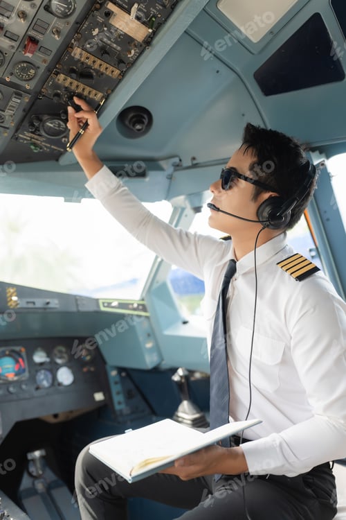 Preview: Portrait of a trained airplane captain in uniform preparing to fly in a simulator cockpit.