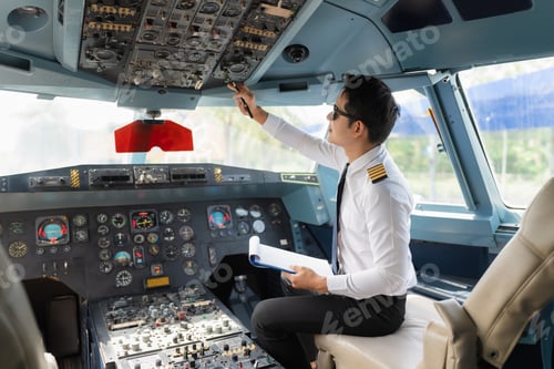 Preview: Portrait of a trained airplane captain in uniform preparing to fly in a simulator cockpit.