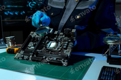 Preview: Computer Hardware Technician Repairing Motherboard with Soldering Iron in Electronics Lab.