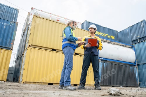 Preview: Engineers Inspect Cargo Shipment at Container Yard, Logistics Concept.