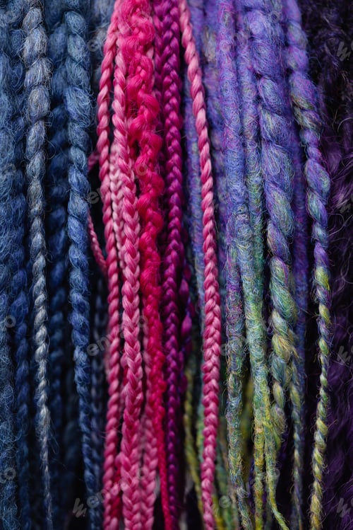 Preview: Colorful braid extensions texture background with multicolor strands