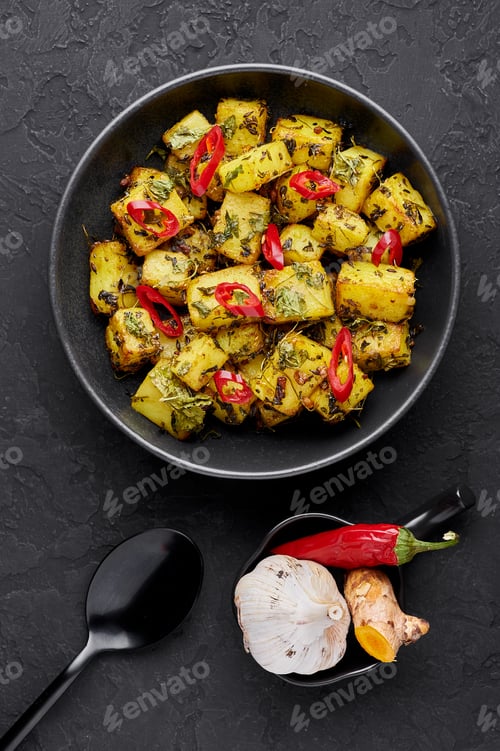 Preview: Aloo Methi in black bowl at dark slate background. Aloo Methi is Indian cuisine vegetarian dish