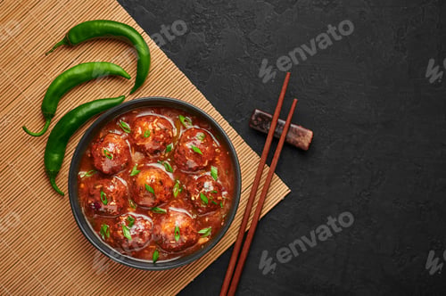 Preview: Veg Manchurian Gravy Balls in black bowl in dark slate table top. Vegetarian Indian cuisine food