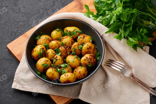 Preview: Jeera Aloo in black bowl on dark slate background. Jeera Aloo is Indian cuisine vegetarian dish