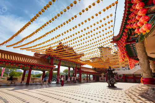 Preview: A beautiful Thean Hou Temple. Chinese architecture decorated with yellow paper lanterns