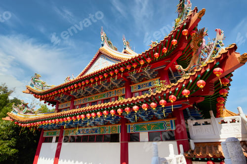 Preview: A colorful Chinese Thean Hou Temple roof top decorated with lanterns and ornaments