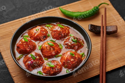 Preview: Veg Manchurian Gravy Balls in black bowl in dark slate table top. Vegetarian Indian cuisine food
