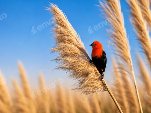 Preview: Scarlet-Headed Blackbird Perched on Pampas Grass at Golden Light