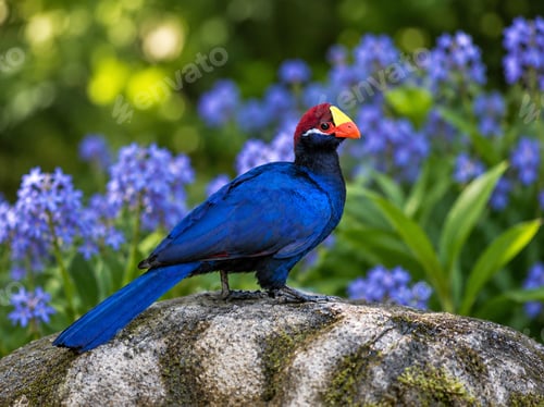 Preview: Vibrant Blue Turaco Bird Perched on Rock with Purple Flowers