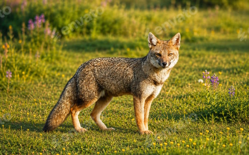 Preview: Wild Fox Standing in Flowering Meadow at Golden Hour