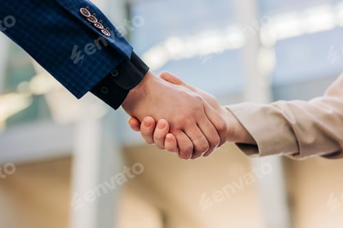 Preview: White European businessman and woman shaking hands close-up, corporate hiring, stylish business atti