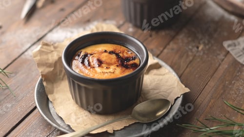 Preview: Homemade creme brulee dessert with caramelized sugar crust in a black ramekin