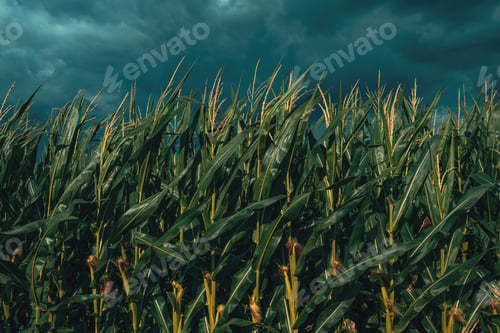 Preview: Dark stormy clouds over tasseling corn crop plantation field in summer