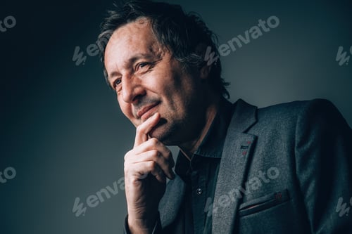 Preview: Smiling Depression concept, portrait of mature caucasian businessman with mental health condition