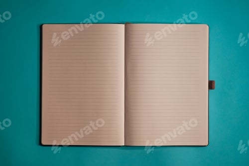 Preview: Open lined notebook on teal background, minimalist stationery mockup
