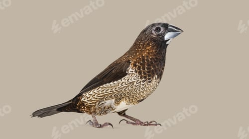 Preview: Society finch, Lonchura striata domestica, bird looking right on plain background