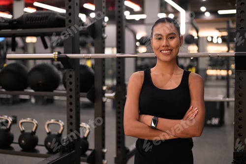 Preview: Asian Thai Isan Woman Smiling with Crossed Arms at Gym at Night