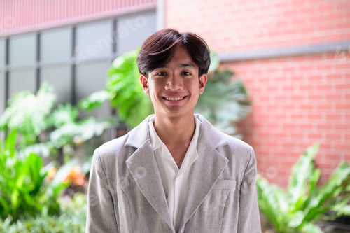 Preview: Portrait of smiling non-binary Thai Isan professional standing outdoors