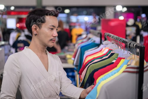 Preview: Thai Non-Binary Gay Man Browsing Clothes Rack at Retail Store