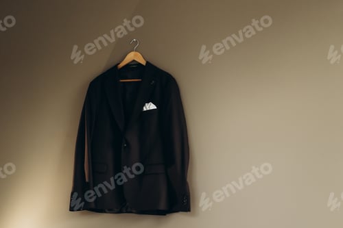 Preview: Stylish dark suit jacket hanging on wall