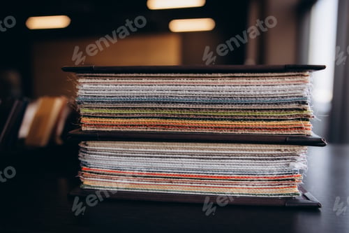 Preview: Fabric samples stacking in interior design studio