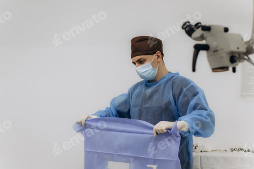 Preview: Surgeon preparing sterile sheet for surgery