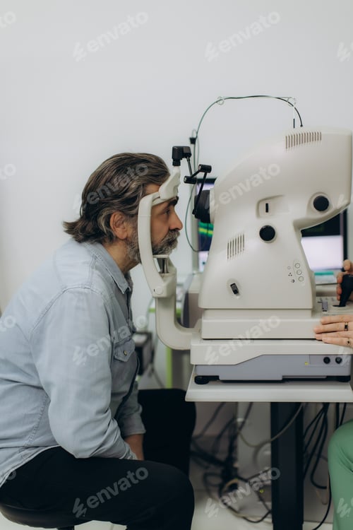 Preview: Man having eye exam with optometry equipment