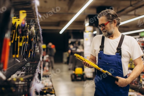 Preview: Mature man shopping for tools in hardware store