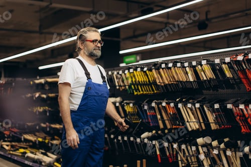 Preview: Handyman shopping power tools and hammers in hardware store