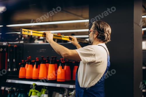 Preview: Handyman checking level in hardware store aisle