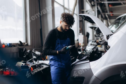 Preview: Mechanic working on car engine with power tool