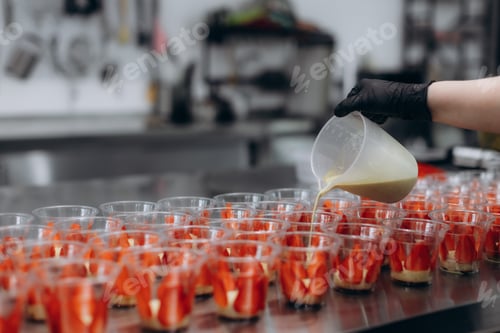 Preview: Chef pouring liquid into many strawberry dessert cups