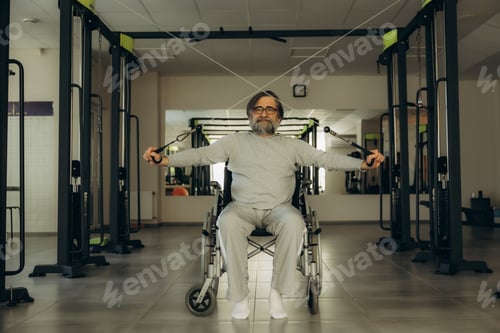 Preview: Senior man in wheelchair doing physical therapy exercise