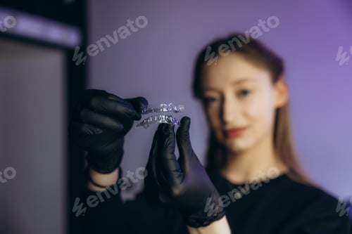 Preview: Dentist holding transparent aligners for orthodontic correction