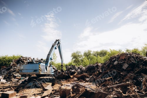 Preview: Excavator working on metal scrap recycling at junkyard