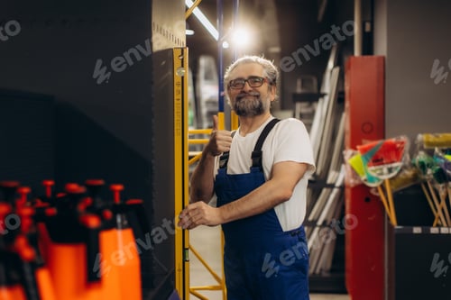 Preview: Smiling worker giving thumbs up in hardware store