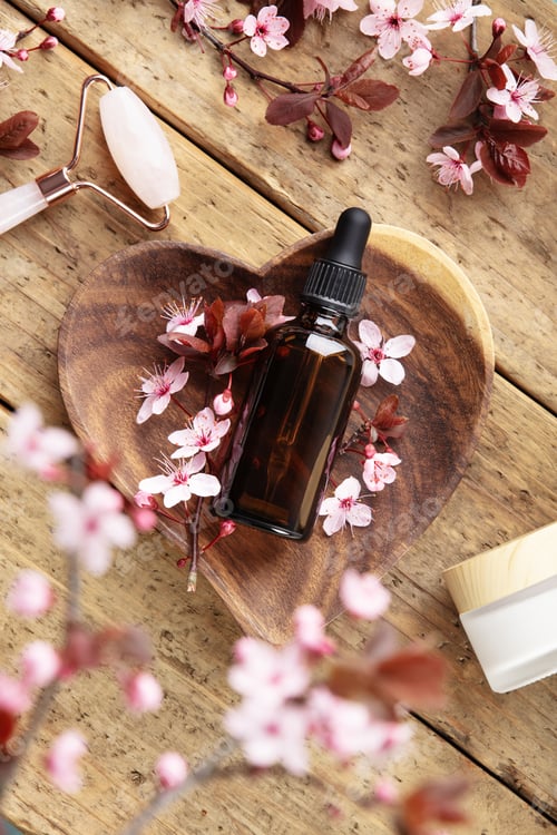 Preview: Essential Oil Bottle with Cherry Blossoms on Heart Wooden Plate