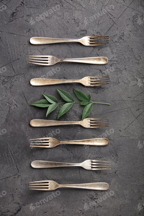 Preview: Rustic Culinary Flat-Lay Collection with Vintage Silverware, Spices, Herbs, and Natural Elements