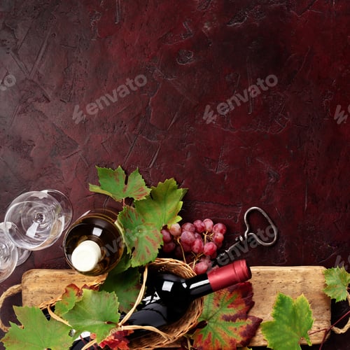 Preview: Red Wine Still Life with Grapes and Rustic Wooden Board