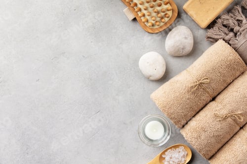 Preview: Spa Wellness Flat Lay with Towels Candle and Massage Tools