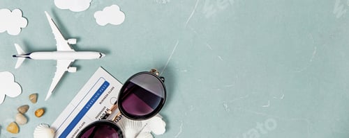 Preview: Travel Concept Flat Lay with Airplane, Sunglasses, and Boarding Pass