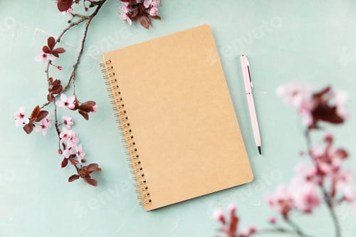 Preview: Spring Notebook Mockup with Cherry Blossoms and Pink Pen