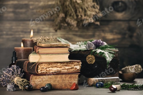 Preview: Vintage Books with Healing Crystals and Candles