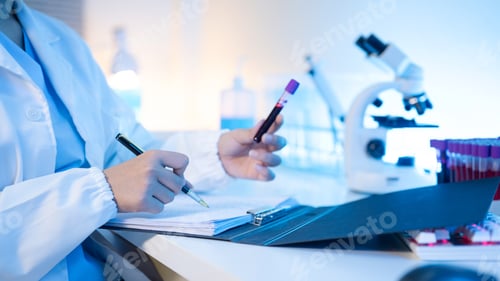 Preview: Laboratory Technician Holding Blood Sample Tube While Writing Notes on Clipboard in Medical Lab
