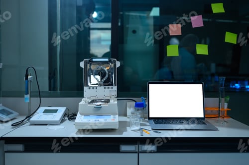 Preview: Laboratory Workstation with Analytical Balance, Laptop Blank Screen, and Scientific Equipment in Mod