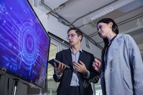 Preview: Professionals Analyzing Futuristic Digital Interface on Screen