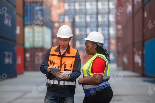 Preview: Logistics team assessing stacked shipping containers