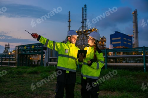 Preview: Engineers Using Laptop and Pointing at Refinery